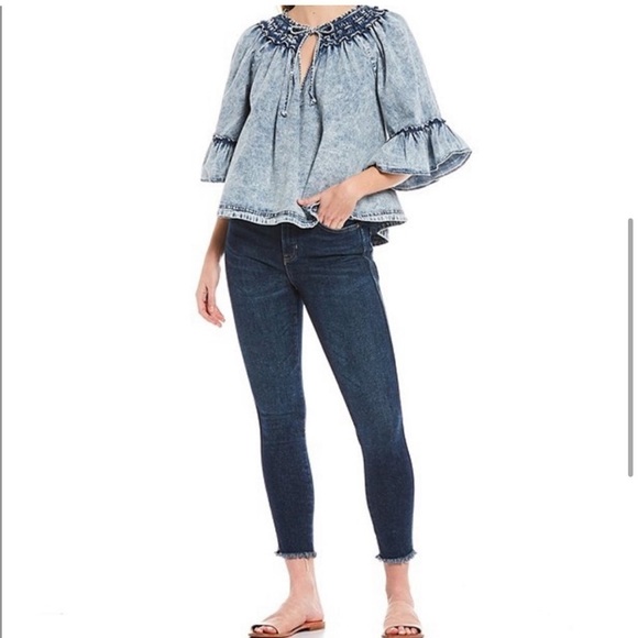 Free People Ainsley Ruffled Sleeve Denim Top - Picture 12 of 12